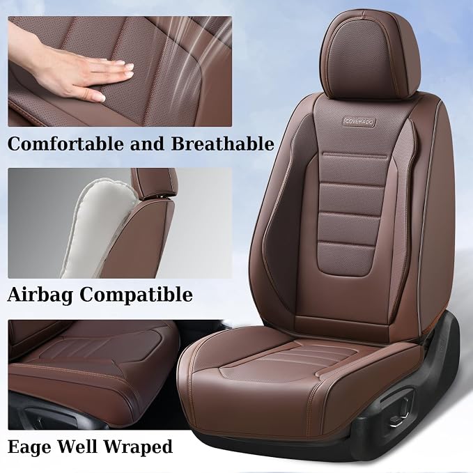 Coverado Car Seat Covers Front, Seat Covers for Cars, Waterproof 2-Pack Car Seat Cushions, Leather Carseat Seat Protectors, Universal Seat Covers Fit for Most Sedans SUV Pick-up Trucks(Brown)