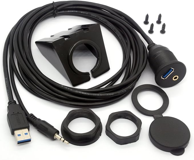 USB 3.0 Flush Mount Cable - USB 3.0 and 3.5mm Aux Extention Mount, Flush, Dash, Panel Mount Cable 1/8 AUX for Car Bike Boat Motorcycle Radio Stereo Android (2 Meter/6Ft)
