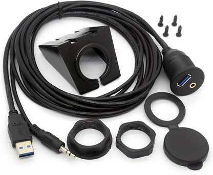 USB 3.0 Flush Mount Cable - USB 3.0 and 3.5mm Aux Extention Mount, Flush, Dash, Panel Mount Cable 1/8 AUX for Car Bike Boat Motorcycle Radio Stereo Android (2 Meter/6Ft)