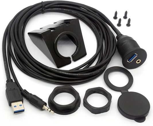 USB 3.0 Flush Mount Cable - USB 3.0 and 3.5mm Aux Extention Mount, Flush, Dash, Panel Mount Cable 1/8 AUX for Car Bike Boat Motorcycle Radio Stereo Android (2 Meter/6Ft)