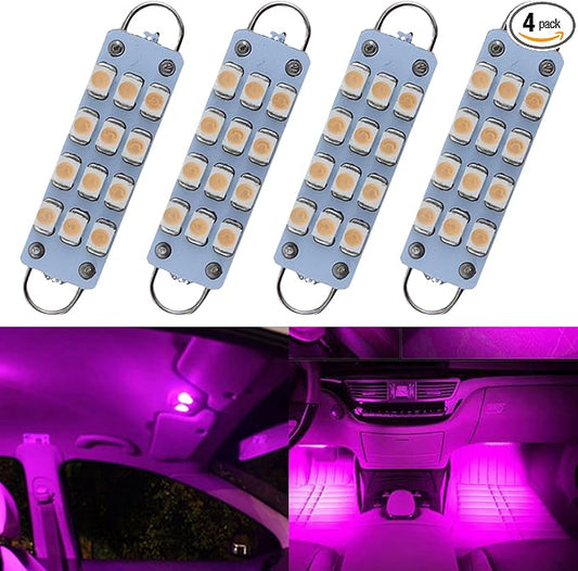 Festoon Rigid Loop LED Lights, 44mm, Purple Pink, 561 562 567 564, Fit for Car Interior, Dome, Map, Door Courtesy, Gloves Box and Trunk Lighting (4-Pack)