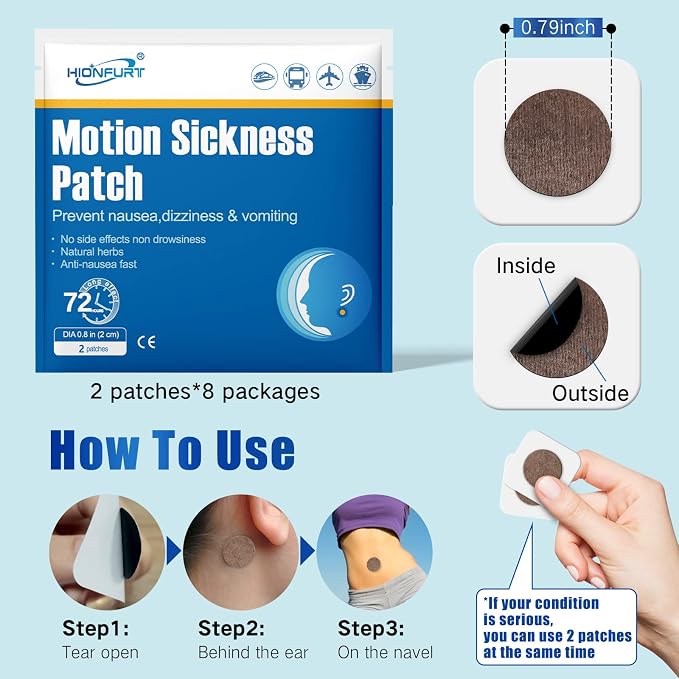 Hionfurt 16ct Motion Sickness Patches – Sea Sickness Patches for Cruise, Car, Airplane, and Other Travel – Non-Drowsy, Effective, Lasts 72 Hours