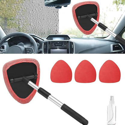 Windshield Cleaning Tool, Car Window Cleaner with Extendable Handle, 4 Microfiber Pads and Spray Bottle, Auto Interior Exterior Glass Wiper Cleaning Kit Universal for RV, SUV, Truck (Red)