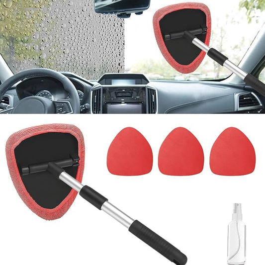 Windshield Cleaning Tool, Car Window Cleaner with Extendable Handle, 4 Microfiber Pads and Spray Bottle, Auto Interior Exterior Glass Wiper Cleaning Kit Universal for RV, SUV, Truck (Red)