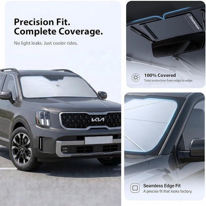 2026 Upgraded Windshield Sun Shade Umbrella for Kia Telluride [Precision Custom Fit, Superior UV & Heat Block] Cooling Tech Fabric, Durable Foldable with Storage Bag, Fits 2020-2025
