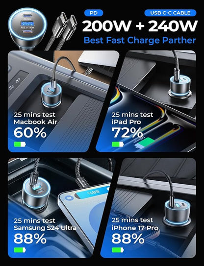 LISEN 200W Car Charger USB C Fast Charge [GaN] PD 140W Fast Car Charger USB C, Cigarette Lighter Adapter for Multi Device, for iPhone 17 16 15 14 13 12, MacBook Pro, Laptop, iPad, Samsung S26 S25