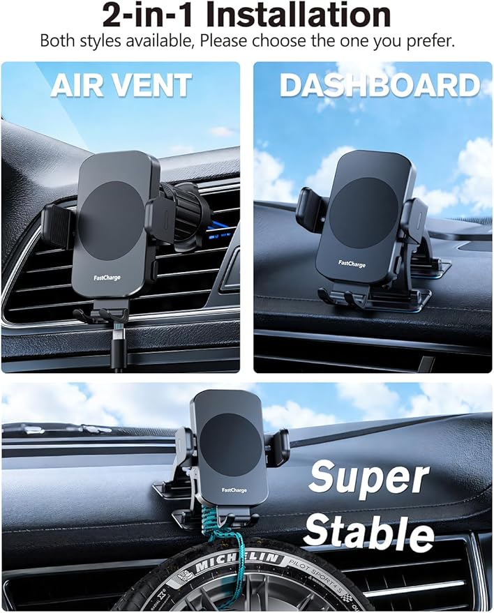 Wireless Car Charger, 15W Fast Charging Auto-Clamping Phone Holder Phone Mount【Windshield+Vent+Dash】 Car Accessories for Women Men fit for iPhone 17 16 15 14 13 12 Pro Max 11 XR XS, Samsung Galaxy
