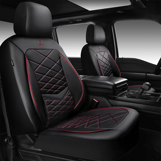 CAR PASS Luxury Nappa Leather Front Seat Covers, Water Resistant 3D Foam Seat Covers with Lumbar Support, Breathable Auto Seat Cover Airbag Compatible Universal Fit for Sedan SUV Van Truck, Black Red