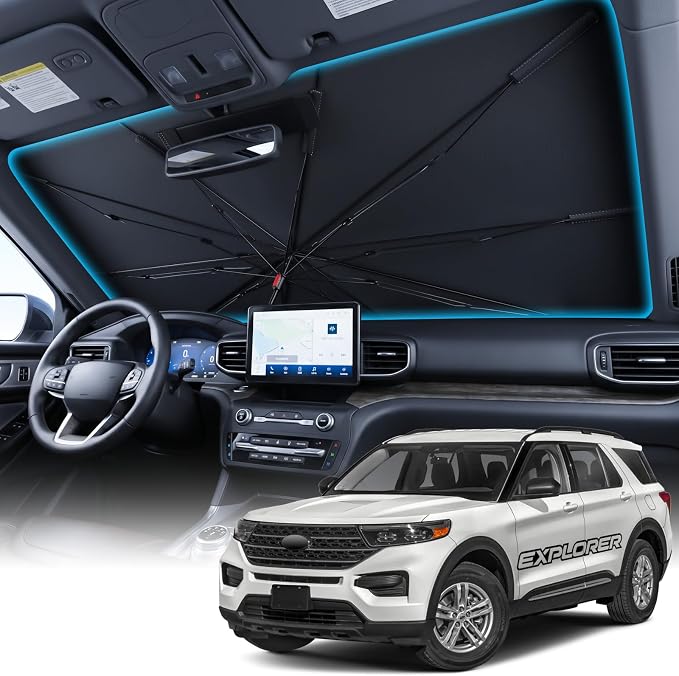 Wigoo Windshield Sun Shade Umbrella for Ford Explorer 2020-2026 [100% Sun Blockage, Ice Cooling Fabric] Foldable Heat Insulation Front Window Sunshade Umbrella for Ford Explorer 2020-2026