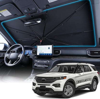 Wigoo Windshield Sun Shade Umbrella for Ford Explorer 2020-2026 [100% Sun Blockage, Ice Cooling Fabric] Foldable Heat Insulation Front Window Sunshade Umbrella for Ford Explorer 2020-2026