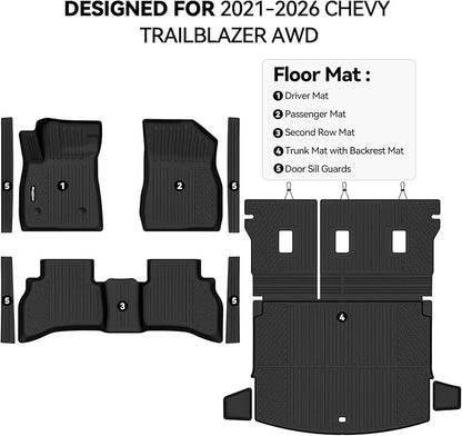 Floor Mats for 2021-2026 Chevrolet Trailblazer AWD(Only Fit Cargo in Upper Deck Position), Trunk Mat & Backrest Mat & Door Sill Guard All Weather TPE Protector for Trailblazer Accessories