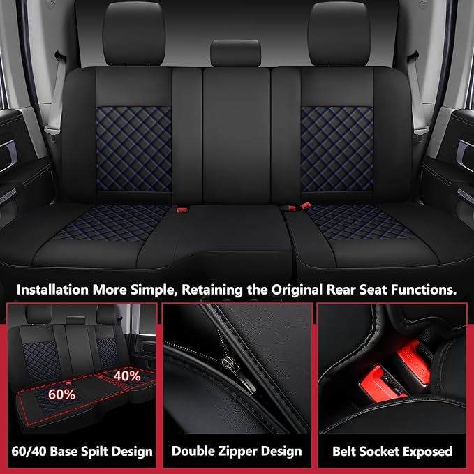 Ram 1500 Seat Covers 2009-2018 Full Set, Truck Interior Sets with Lumbar Support Custom Fit for Dodge Ram 1500/2500/3500 Crew/Quad/Mega Cab with Rear Curved Bench, Black Blue