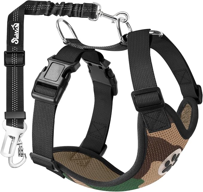 Lukovee Dog Car Harness Seat Belt, Adjustable Mesh Breathable Vest with Elastic Bungee Tether, Soft Padded 2-in-1 Safety Car Harness Seatbelt for Small Medium Large Dogs (Camouflage,XS)