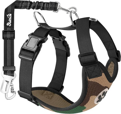 Lukovee Dog Car Harness Seat Belt, Adjustable Mesh Breathable Vest with Elastic Bungee Tether, Soft Padded 2-in-1 Safety Car Harness Seatbelt for Small Medium Large Dogs (Camouflage,L)
