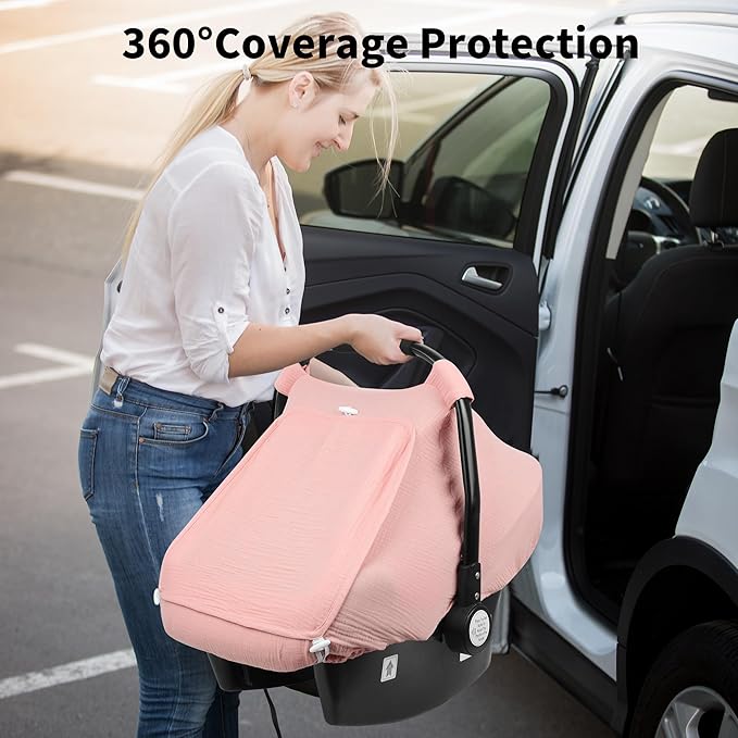 Rquite Car Seat Cover Baby, Carseat Covers Girl Boy, Breathable Muslin Cotton, Large Mesh Window, Infant Car Seat Canopy Baby Carrier Cover Stroller Sun Shade for Summer & Hot Day, Pink