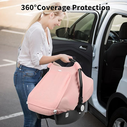 Rquite Car Seat Cover Baby, Carseat Covers Girl Boy, Breathable Muslin Cotton, Large Mesh Window, Infant Car Seat Canopy Baby Carrier Cover Stroller Sun Shade for Summer & Hot Day, Pink
