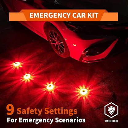 Led Road Flares 6 Pack LED Flares Emergency Kit, USB Recharge Amber LED Flares Warning Light with Magnetic, Roadside Safety Disc Flares Kit with Breaker,Whistle for Vehicle (6 Pack Parts)