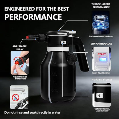 Electric Foam Sprayer,2L Portable Rechargeable Cordless Pressurized Spray Foam Cannon, Easy Clean & Acid Resistant for Car Wash Detailing Garden Black (Electric Foam Sprayer 2.0)