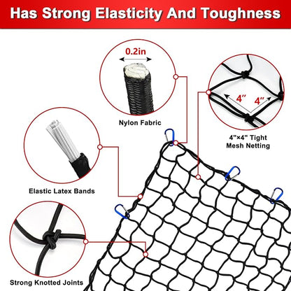 Cargo Net 4' x6' Stretches to 8' x 12' Truck Cargo Net for Pickup Truck Bed- Small 4"x4" Mesh Grid Super Duty Bungee Heavy Duty Bed Netting with 12 Adjustable Metal Carabiners by Cenipar