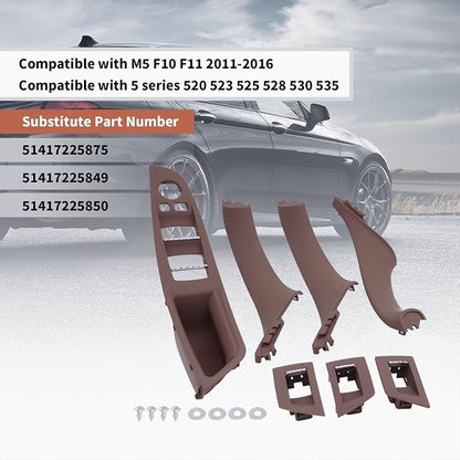 7PCS Brown Inner Door Pull Handles Kit Compatible with 5 Series F10 F11 2010-2016 520 523 525 528 530 535 Inner Window Switch Armrest Panel Trim Cover