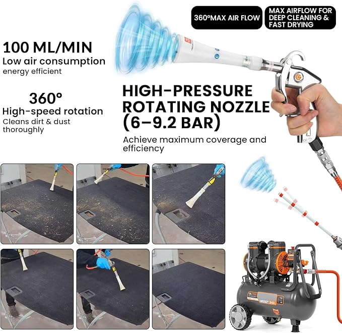 ProClean 360 Tornado Car Cleaning Gun – High Pressure Air Blow & Detailing Tool with Rotating Nozzle, Upholstery & Carpet Cleaner, Auto Detailing Blow Gun for Seats, Vents, Engines, Home Use