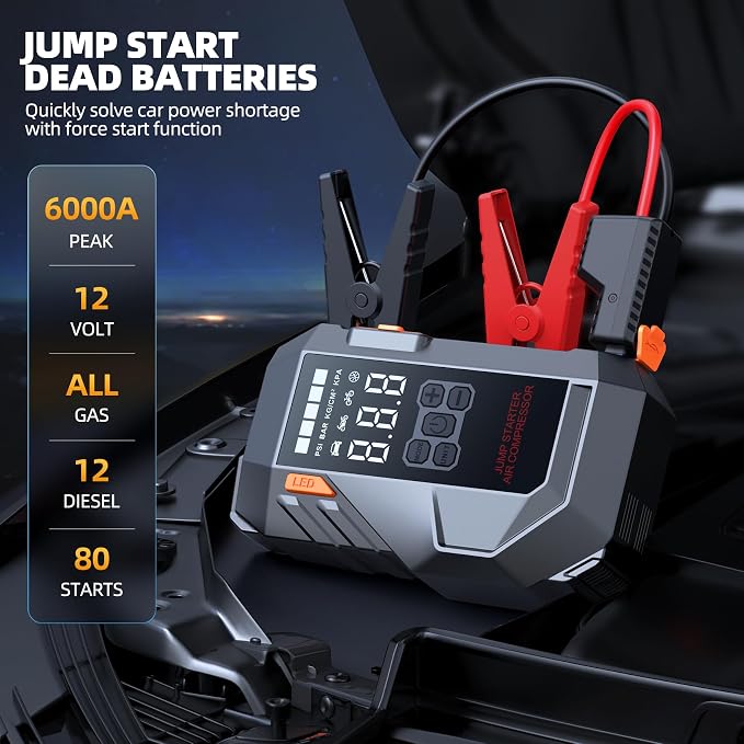 10-in-1 Portable Car Battery Jump Starter with Air Compressor, Jump Starter 6000A 26800mAh 160PSI (All Gas/12L Diesel), 12V Jump Box Car Battery Jumper Starter Portable Jumper Cables, Lights