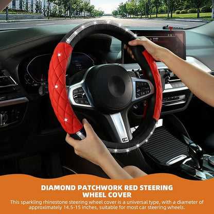 Diamond Steering Wheel Cover ，with Bling Crystal Rhinestone,Delicate and Anti-Slip Sparkly Sedan Steering Wheel Cover ，Adaptable to 14.5-15 inches Car Wheel Protector for Women Girl ，Black & Red
