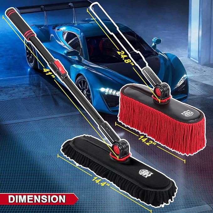 Car Duster Exterior with Extendable Handle, Scratch Free Auto Wash Brush Mop, Interior Detailing Kit for Truck RV Boat - 2in1-2 Heads (Chenille & Wax Cotton) with 1 Pole, Red Black