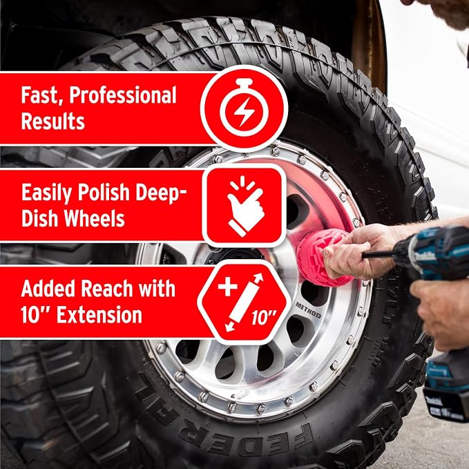 Mothers PowerBall 2, Polishing Tool with 10” Quick Swap Bit – Drill-Powered, Polishes Deep-Dish Wheels & Tight Areas with Ease, Delivers Fast & Unmatched Shine (05143)