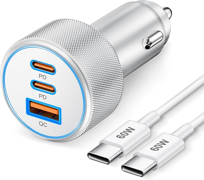 67W 3-Port Super Fast Type C Car Charger USB C for iPhone 17/Air/16/16e/15 Pro Max, Samsung Galaxy S25 S24 S23, Pixel, Android, Car Adapter Accessories for Men Women + 3FT USB-C Cable Silver