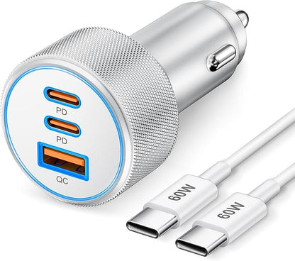 67W 3-Port Super Fast Type C Car Charger USB C for iPhone 17/Air/16/16e/15 Pro Max, Samsung Galaxy S25 S24 S23, Pixel, Android, Car Adapter Accessories for Men Women + 3FT USB-C Cable Silver