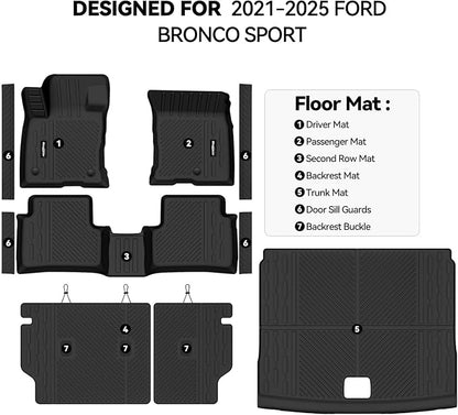 Floor Mats for Ford Bronco Sport 2021-2025 2026(Not for Bronco or 4 Door), Trunk Mat and Backrest Mat & Door Sill Guard All Weather TPE Protector for Ford Bronco Sport Accessories