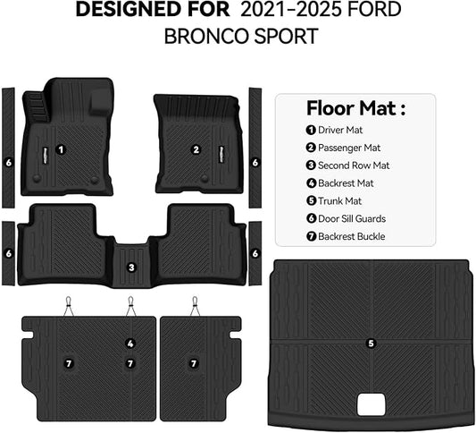 Floor Mats for Ford Bronco Sport 2021-2025 2026(Not for Bronco or 4 Door), Trunk Mat and Backrest Mat & Door Sill Guard All Weather TPE Protector for Ford Bronco Sport Accessories