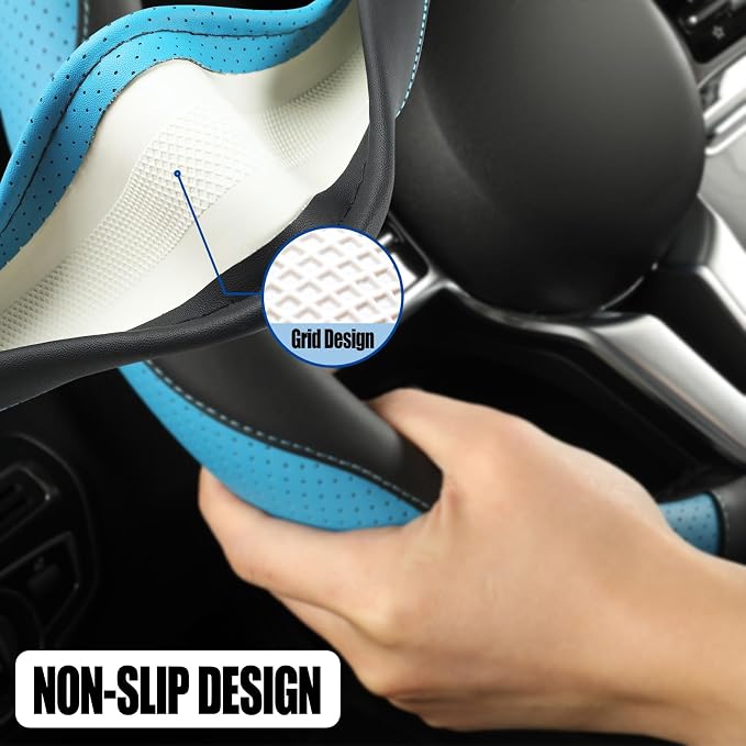 Microfiber Leather Steering Wheel Cover Large Size for Ford F150 F250 F350 F450 RAM 4Runner Tacoma Tundra Sequoia Model S Model X, Breathable, Anti Slip, 15.5 inch to 16 inch, Black with Blue