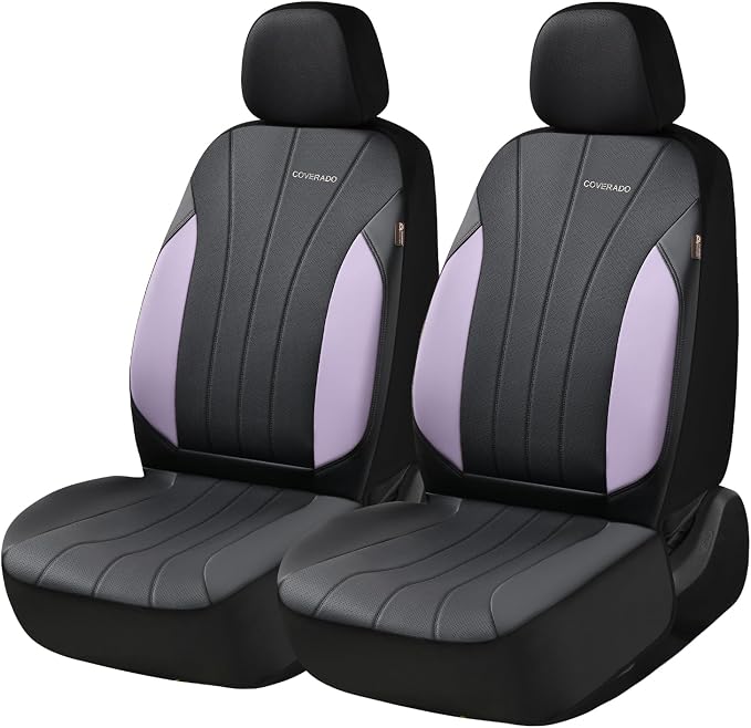 Coverado Car Seat Covers， 2 Front Seats Waterproof Nappa Leather Automotive Seat Protectors, Front Luxury Mesh Seat Covers, All-Weather Universal Fit for Most Cars, SUVs, Trucks,Purple&Black