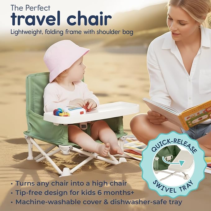 Hiccapop OmniBoost Travel Booster Seat with Tray for Baby | Folding Portable Baby Booster Seat for Dining Table, Camping, Beach, Grandma’s | Tip-Free Design Straps to Kitchen Chairs - Booster Chair