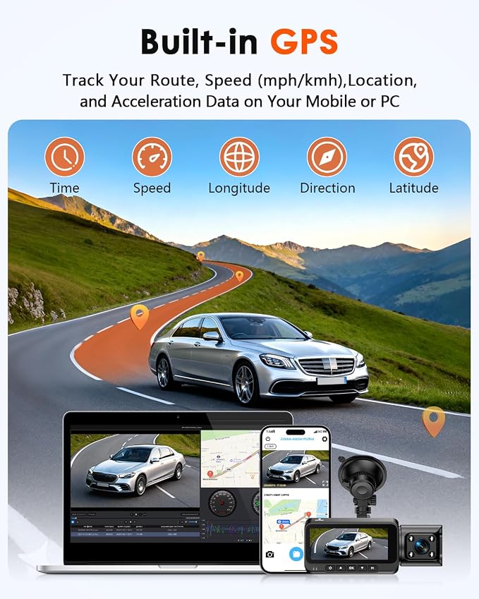 3-Channel Dash Cam 4K for Car: Front, Rear & Inside Dash Camera with 5.8G WiFi & GPS - 24H Parking Mode, 64GB Card for Rideshare Driver
