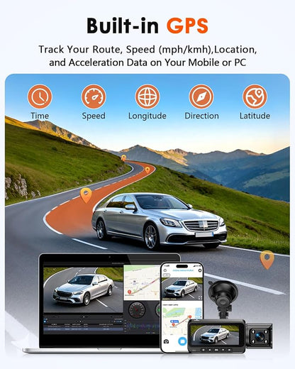 3-Channel Dash Cam 4K for Car: Front, Rear & Inside Dash Camera with 5.8G WiFi & GPS - 24H Parking Mode, 64GB Card for Rideshare Driver