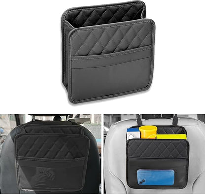 Car Seat Organizer Backseat with Storage Pockets, PU Leather Vehicle Backseat Hanging Storage Pocket, Multipurpose Automotive Travel Essentials Accessories, Universal for Most Cars (Black)