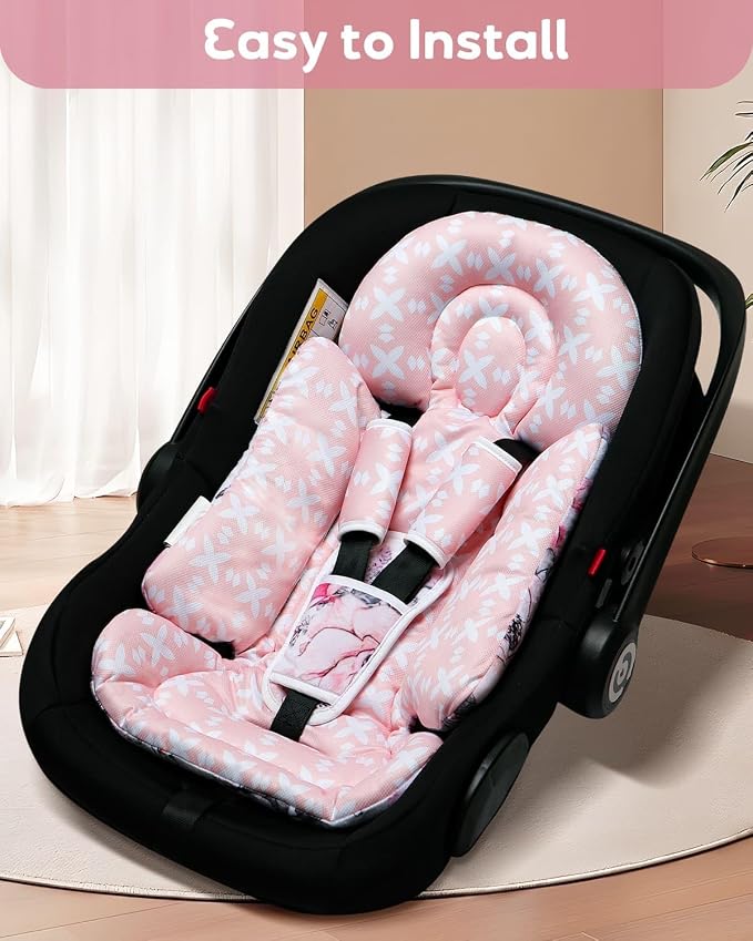 BOMOLOUR Infant Car Seat Insert, Enlarged Head Support for Baby Carseat, Reversible Newborn Insert with 3 Strap Covers, 2-in-1 Baby Car Seat Cushion for Stroller, Swing, Bouncer, Rocker - Pink Floral