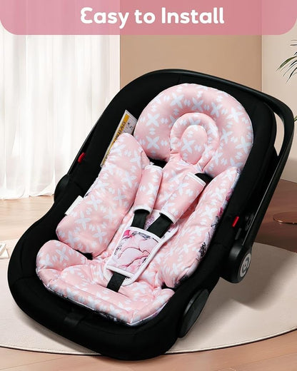 BOMOLOUR Infant Car Seat Insert, Enlarged Head Support for Baby Carseat, Reversible Newborn Insert with 3 Strap Covers, 2-in-1 Baby Car Seat Cushion for Stroller, Swing, Bouncer, Rocker - Pink Floral