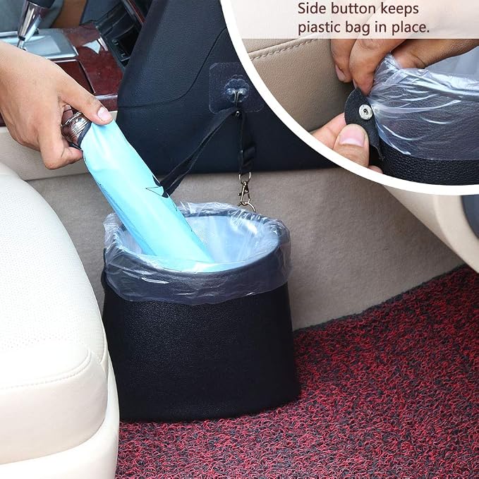 HerMia Hanging Car Trash Can Bin, Garbage Can PU Leather, Waterproof Litter Auto Trash Can for Travelling, Outdoor, and Vehicle (Black)