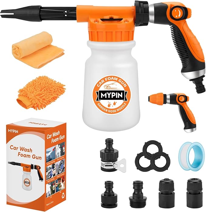16 IN 1 Car Wash Foam Gun, Foam Cannon,Adjustable Hose Wash Sprayer with 2.5 to 6 Bars Foam Blaster,Wash Mitten &Towel,Suitable for Car Cleaning and Garden Use with 1/2” Quick Connector