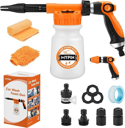 16 IN 1 Car Wash Foam Gun, Foam Cannon,Adjustable Hose Wash Sprayer with 2.5 to 6 Bars Foam Blaster,Wash Mitten &Towel,Suitable for Car Cleaning and Garden Use with 1/2” Quick Connector