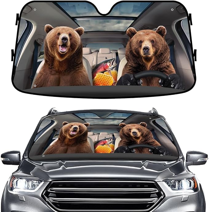 GENANY Bear Couple Funny Windshield Sun Shade for Car SUV Truck (55x30 Inches),Sun Shade Windshield, Shades for Windows, Protector Blocks UV, Spring Car Decor