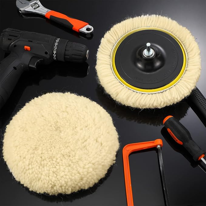 Tallew 6 Pcs 6 Inch Wool Buffing Polishing Pads Hook Loop Cutting Pads with Backing Plate for Car, Boat, Wood, Marble Surface Polishing & Scratch Removal (Original Color)
