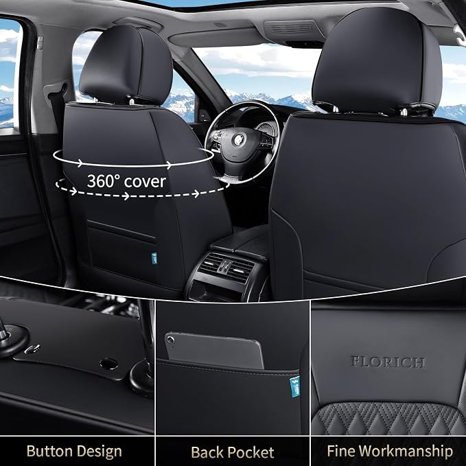 FLORICH Seat Covers, Car Seat Covers Front Seats, Luxury Nappa Leather Seat Covers, Breathable and Waterproof Car Seat Protector 2 Seat, Automotive Seat Covers Universal Fit for Most Cars-Black