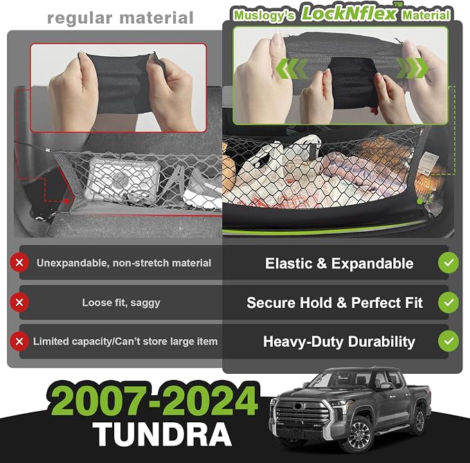 Muslogy Truck Bed Cargo Net Compatible with Toyota Tundra 2007-2024 2025 2026 Accessories, Pickup Truck Bed Cargo Organizer Storage Net with Heavy Duty Carabiners