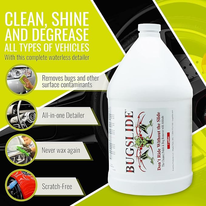 BugSlide 5 Gallon Cleaner Refill with Spray Bottles & Towels - All Surfaces Cleaning and Detailing Solution for Vehicle Interior and Exterior Use - Shines, Degreases, Polishes