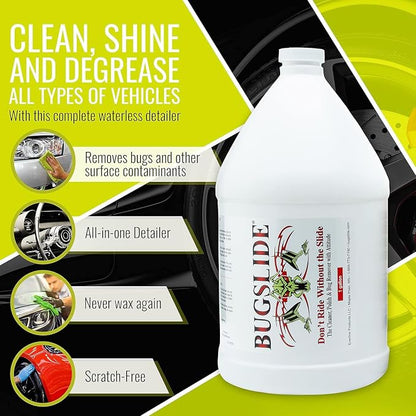 BugSlide 5 Gallon Cleaner Refill with Spray Bottles & Towels - All Surfaces Cleaning and Detailing Solution for Vehicle Interior and Exterior Use - Shines, Degreases, Polishes
